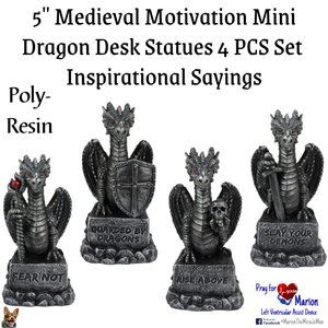 5" Medieval Motivation Mini Dragon Desk Statues 4 PCS Set Inspirational Sayings